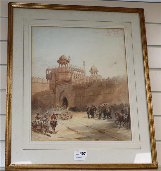 19th century English School, watercolour, Entrance to Palace, Delhi, 47 x 38cm